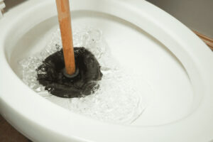 plunging a clogged toilet